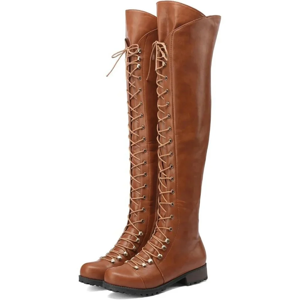 🆕Women's Brown Faux Leather Over The Knee Square Toe Thigh High Combat Boots